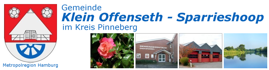 Das Gemeindewappen mit Bildern einer Rose, des Gemeindehauses, der Feuerwache und eines Sees